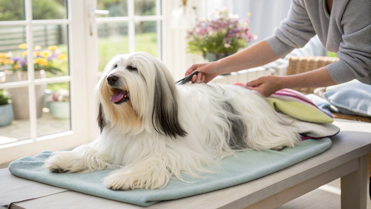 Tibet-Terrier bei der Fellpflege