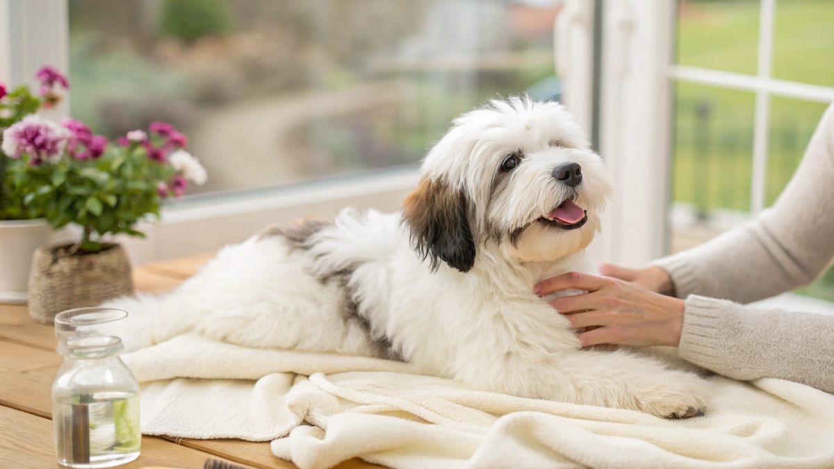 Tibet-Terrier-Welpe wird gekämmt
